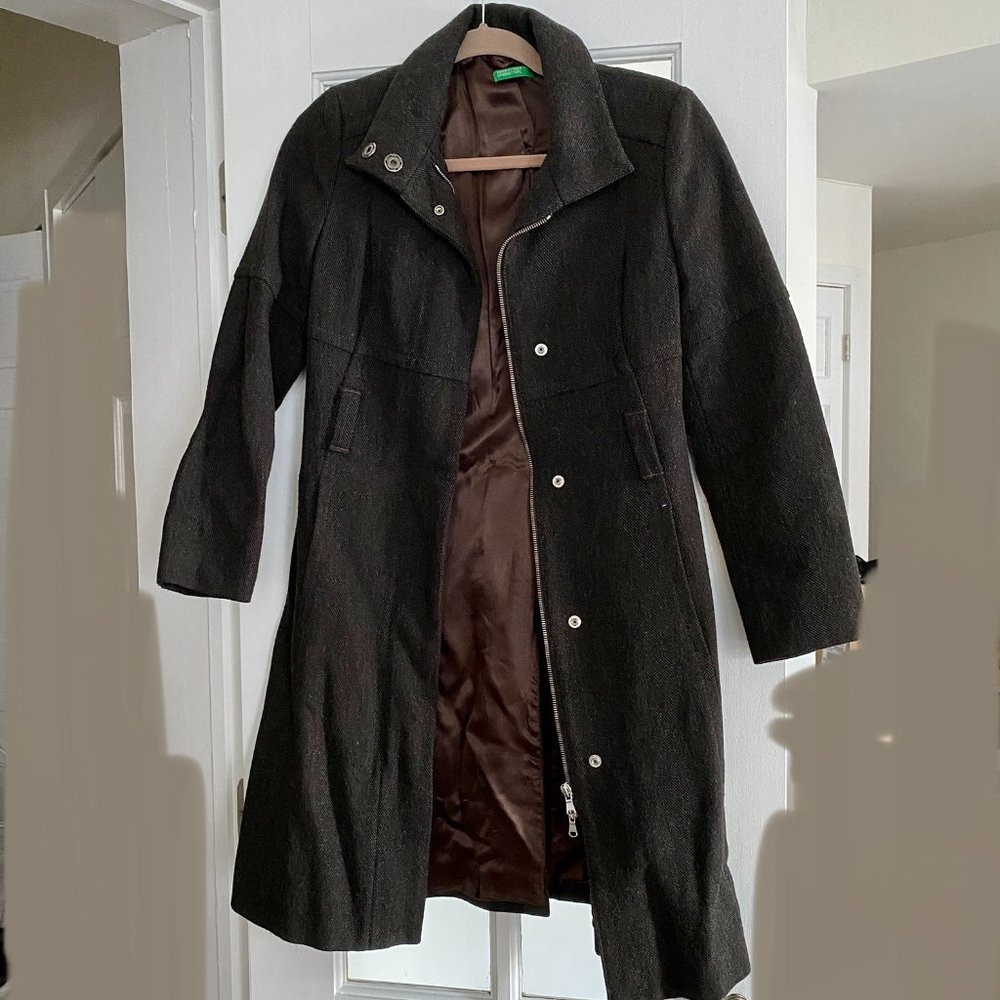 Vintage United Colors of Benetton Herringbone Wool Coat - Brown - Small
